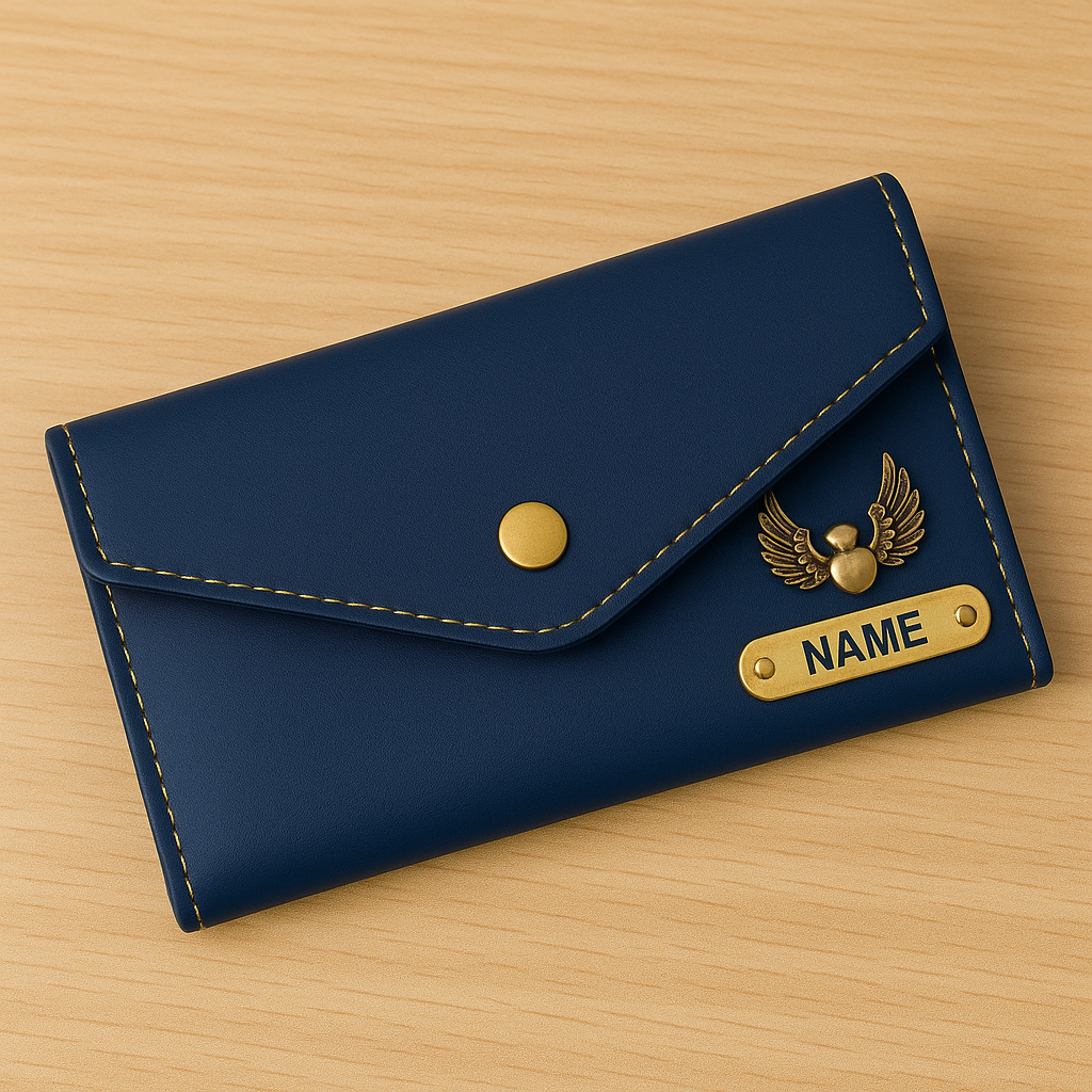 Cherish Wares Personalized Women Clutch – Elegant Blue Faux Leather | Perfect Gift for Her