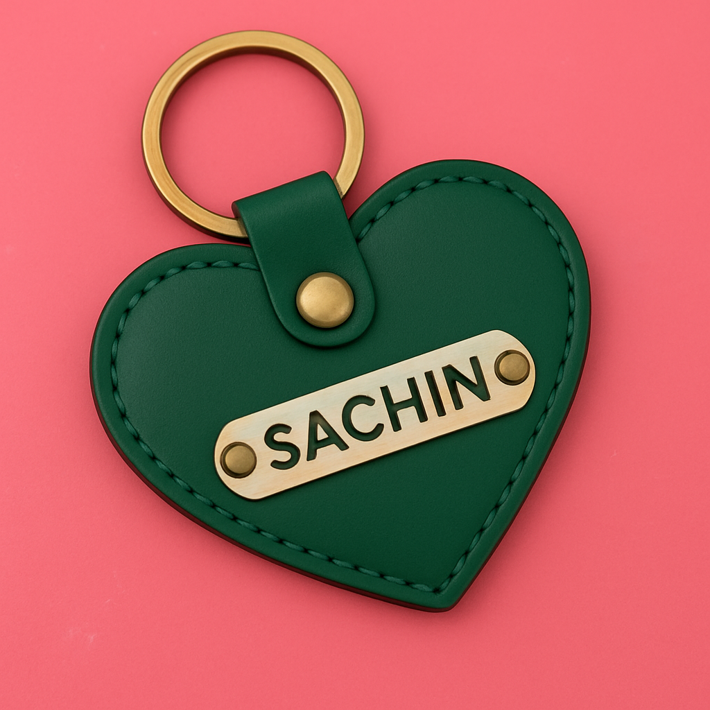 Cherish Wares Personalized Heart Shaped Keychain – Elegant Green Faux Leather | Perfect Gift for Her