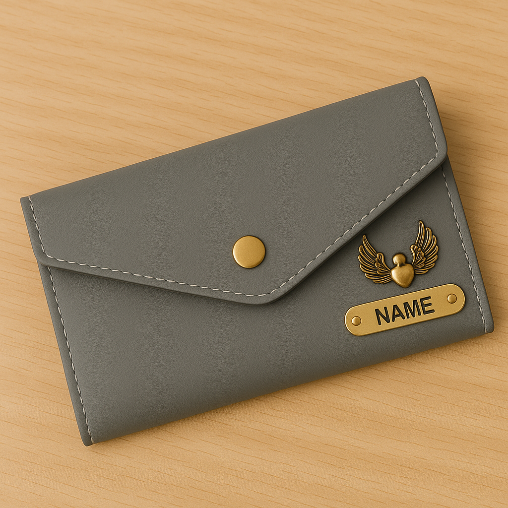 Cherish Wares Personalized Women Clutch – Elegant Grey Faux Leather | Perfect Gift for Her
