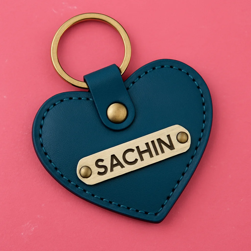 Cherish Wares Personalized Heart Shaped Keychain – Elegant Blue Faux Leather | Perfect Gift for Him