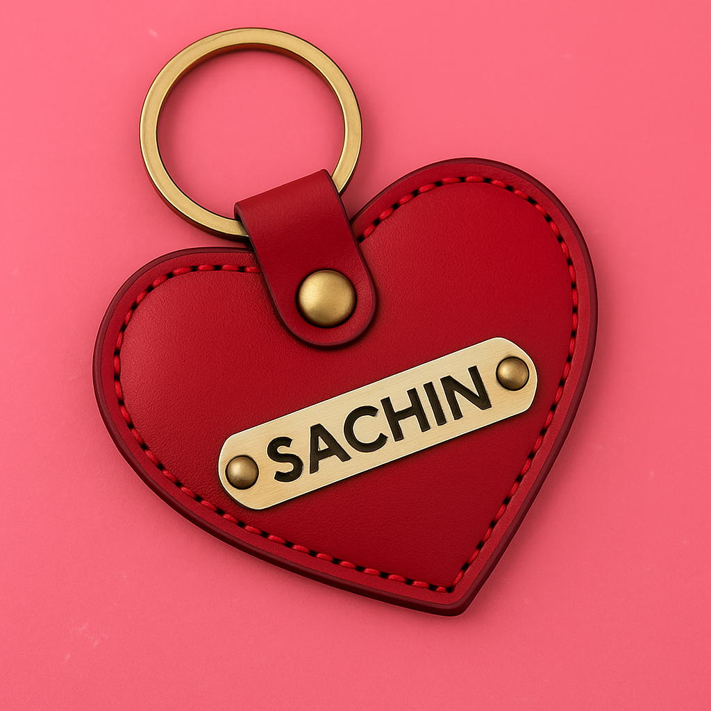 Cherish Wares Personalized Heart Shaped Keychain – Elegant Red Faux Leather | Perfect Gift for Him